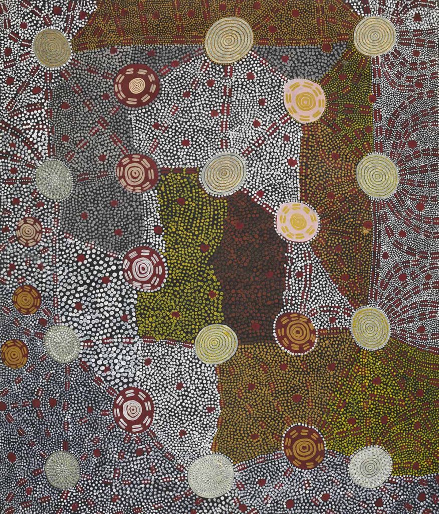 Watunuma (Warturnuma) (Flying Ant Dreaming), 1976, Kaapa Tjampitjinpa, synthetic polymer paint on canvas, 202 x 172 cm. National Museum of Australia