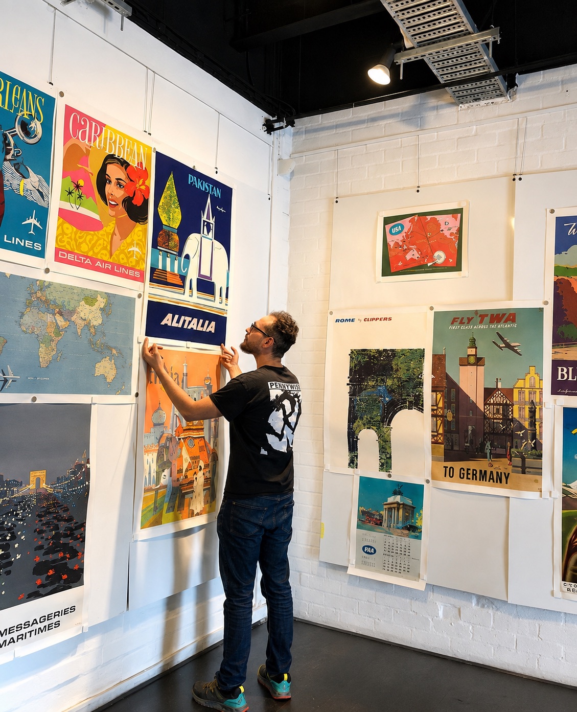 Hanging vintage posters in the gallery