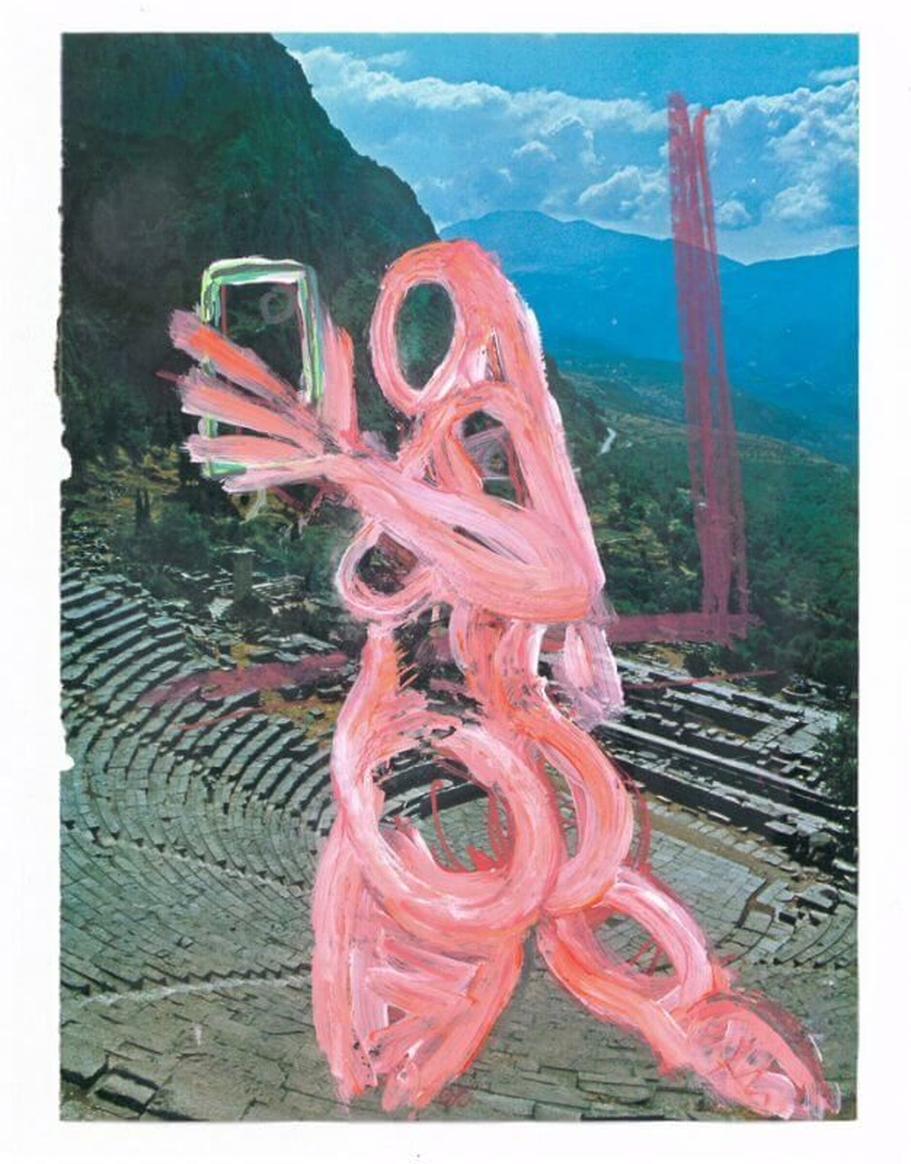Pink brushstroke figure painted over an amphitheatre photograph