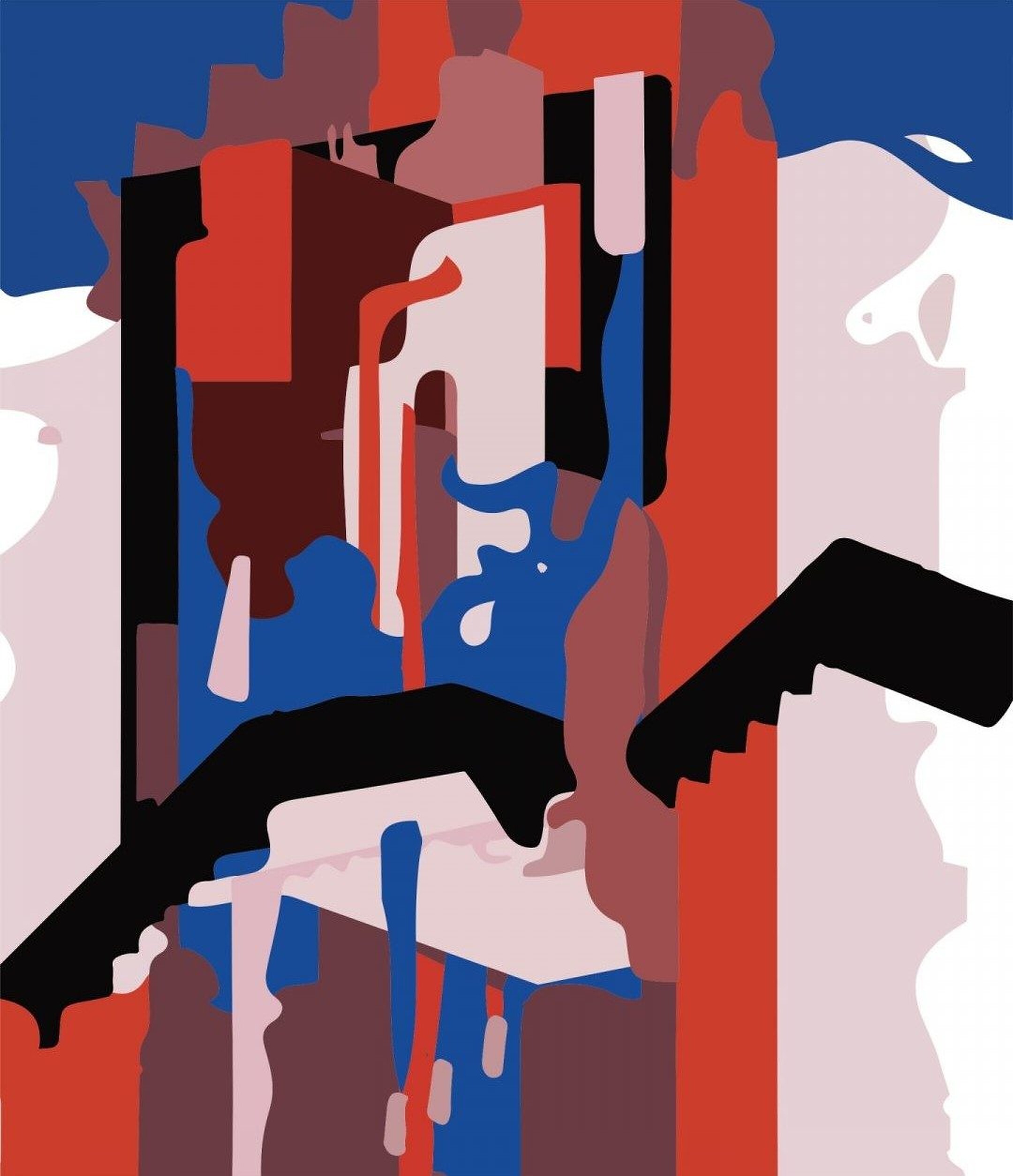 Abstract painting in red, blue and black blocks