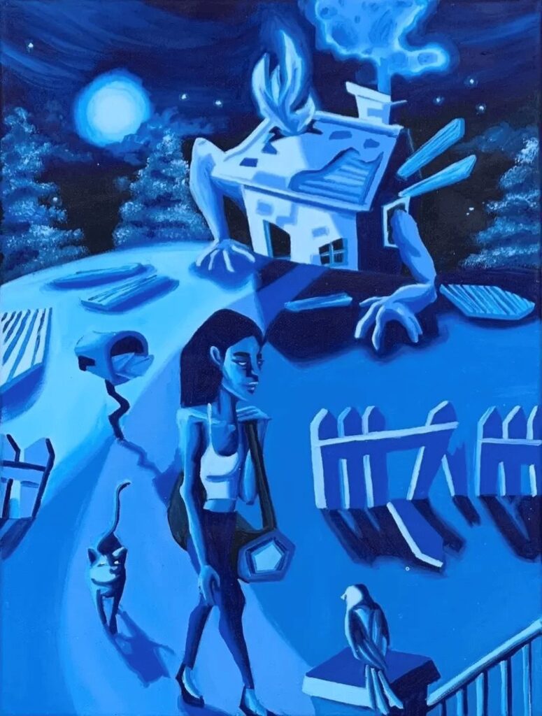Blue-toned painting of a figure walking past a burning house