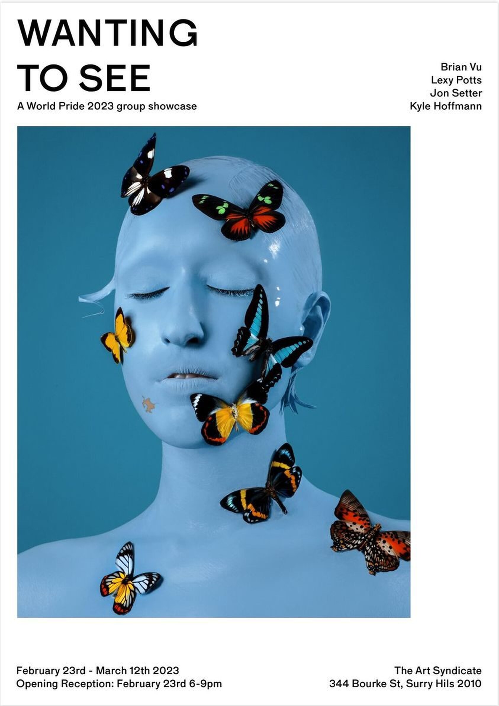 Exhibition poster: a blue-painted figure covered in butterflies